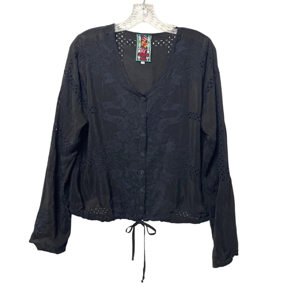 Johnny Was Black Embroidered Button-Front Blouse Roll Tab Sleeve Waist Tie Small